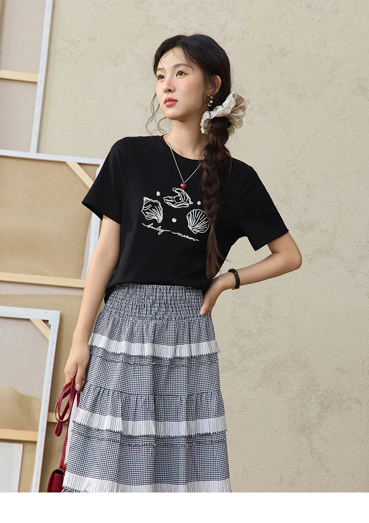 MISHOW Women's Shell Embroidered T-shirt 2025 Summer Short Sleeve Cotton Blend Tops Loose Slim Round Neck Casual Tees MXE34T0570