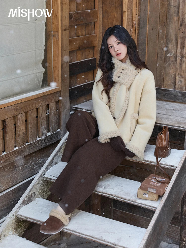 MISHOW Women's Cream Yellow Faux Suede Coat 2025 Winter Included Scarf Thickened Coats Soft Fleece Lined Outerwear MXE91W1019