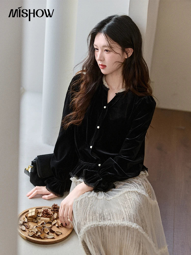 MISHOW Women's Black Velvet Shirts 2025 Winter Retro Splicing Lace Tops Ruffle Hem Pearl Button Puff Sleeve Shirt MXE94X2516