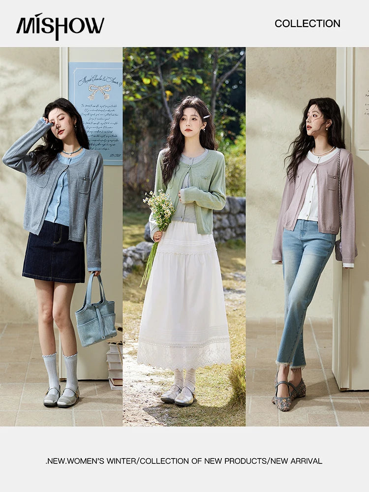 MISHOW Wool Knitted Cardigan Fake Two-piece Contrasting 2025 Spring Women Slim Fit Top O Neck Patch Pocket Sweaters MXE12Z1144