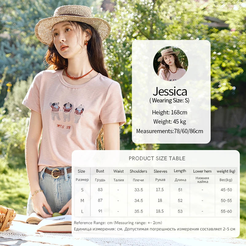 MISHOW Short Sleeve Little Bear Print T-shirt for Women 2025 Summer New O-Neck Embroidery Top Versatile Loose Tee MXE39T0699