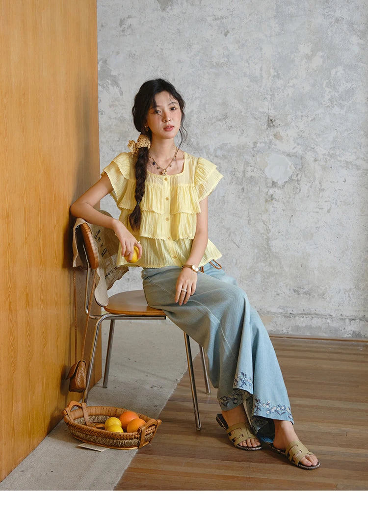 Mishow Flower Embroidery High Waist Wide Leg Jeans MXE37K0991