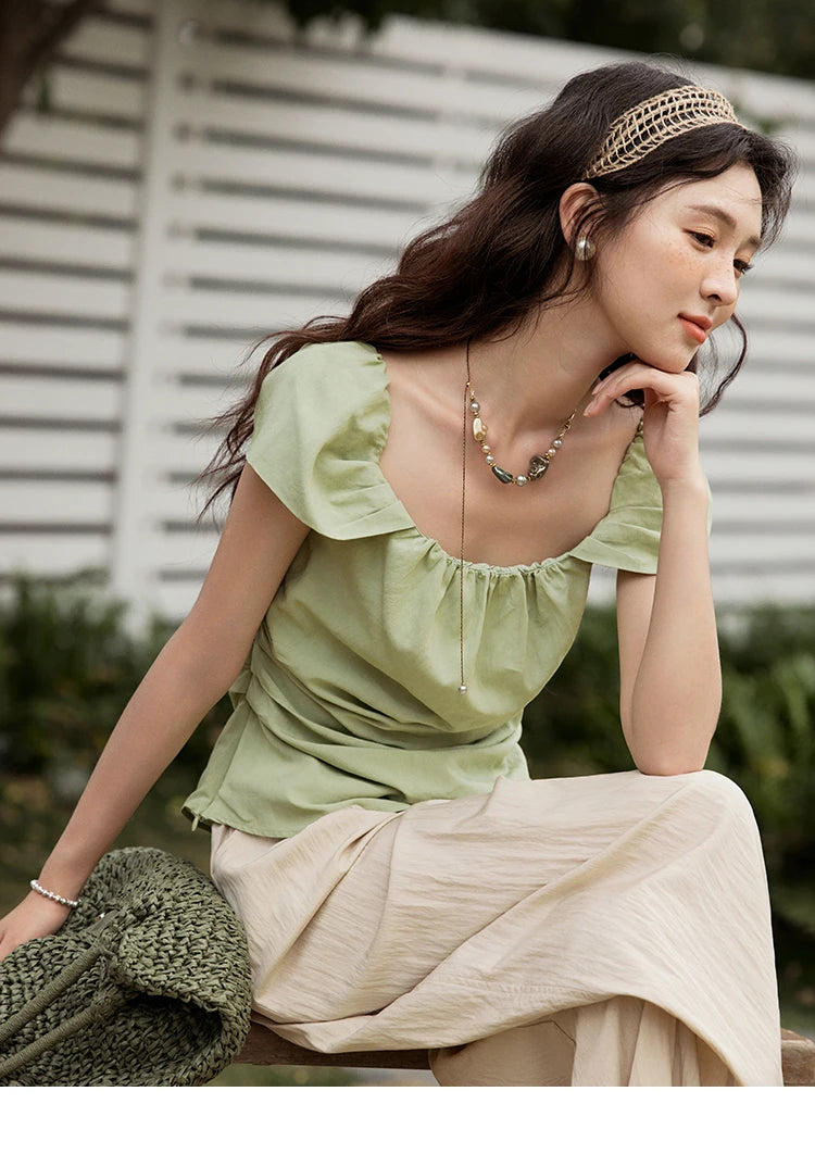 MISHOW French Summer Shirt Women 2025 New Short Flying Sleeve Square Collar Solid Slimming Blouses Female Versatile MXE34X1804