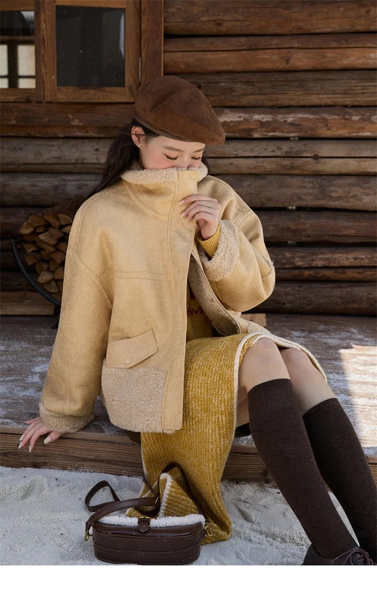 MISHOW Woman Short Jacket 2025 Fashion Yellow Stand Collar Zipper Jacket Luxury Loose Windproof Long-sleeved Coats MXE90W0996