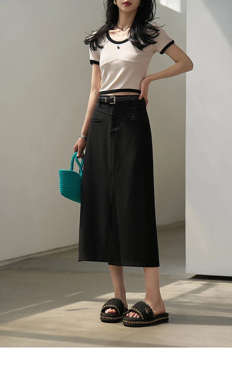 MISHOW Women's Suit Straight Midi Skirt 2025 Summer High Waist Slim Solid Front Fork Female Rear Elastic Waist Skirts MXC15B0026
