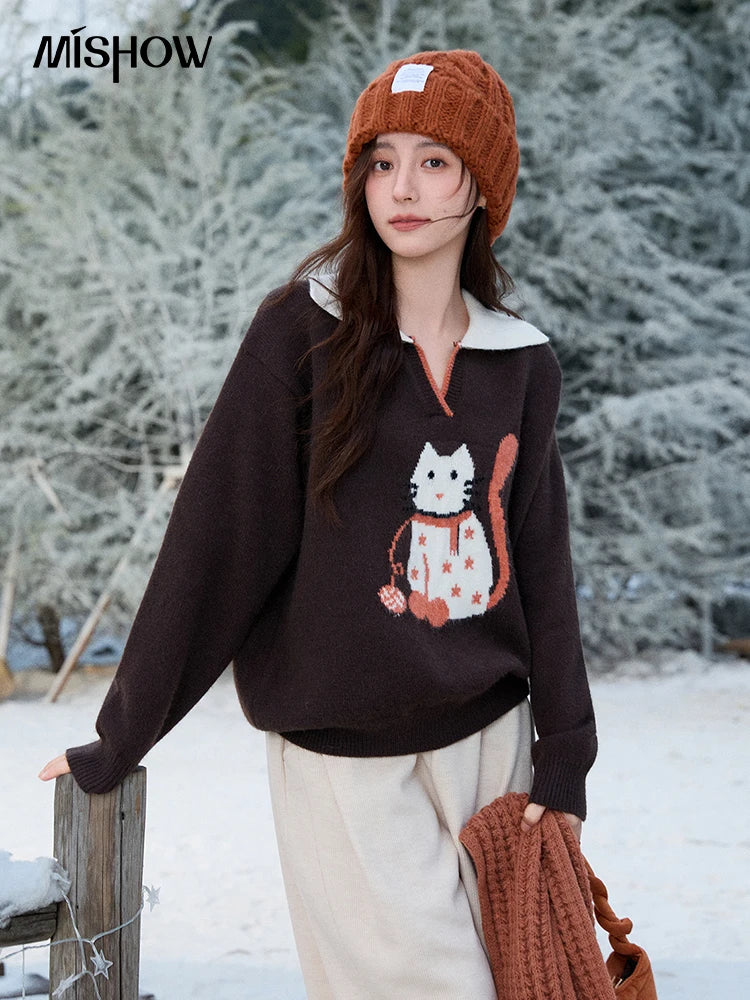 MISHOW Women's Retro Arctic Fleece Cat Sweater 2025 Autumn Winter Color Block Lapel 3D Jacquard Thick Knitted Top MXE90Z2835