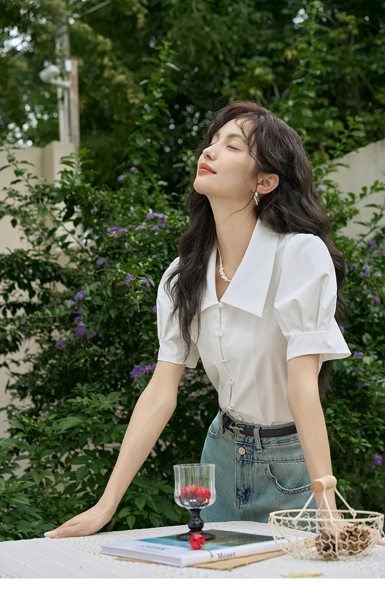 MISHOW Bubble Sleeve V-neck Commuting Shirts for Women 2025 Summer Retro Lapel Neck Short Sleeve Loose Solid Tops MXD28X1471