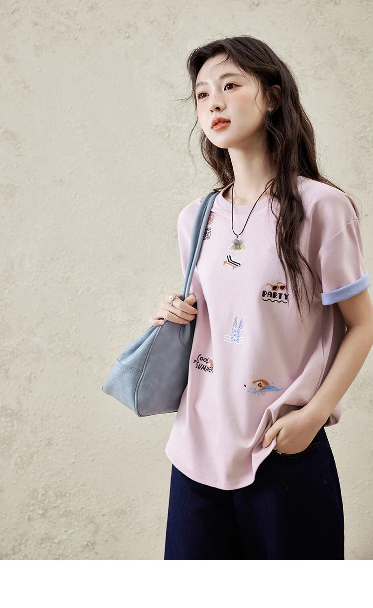 MISHOW Embroidered Casual T-shirt for Women Summer 2025 Short Sleeve Round Neck Shirts Female New Fashion Tops Lady MXE16T0506