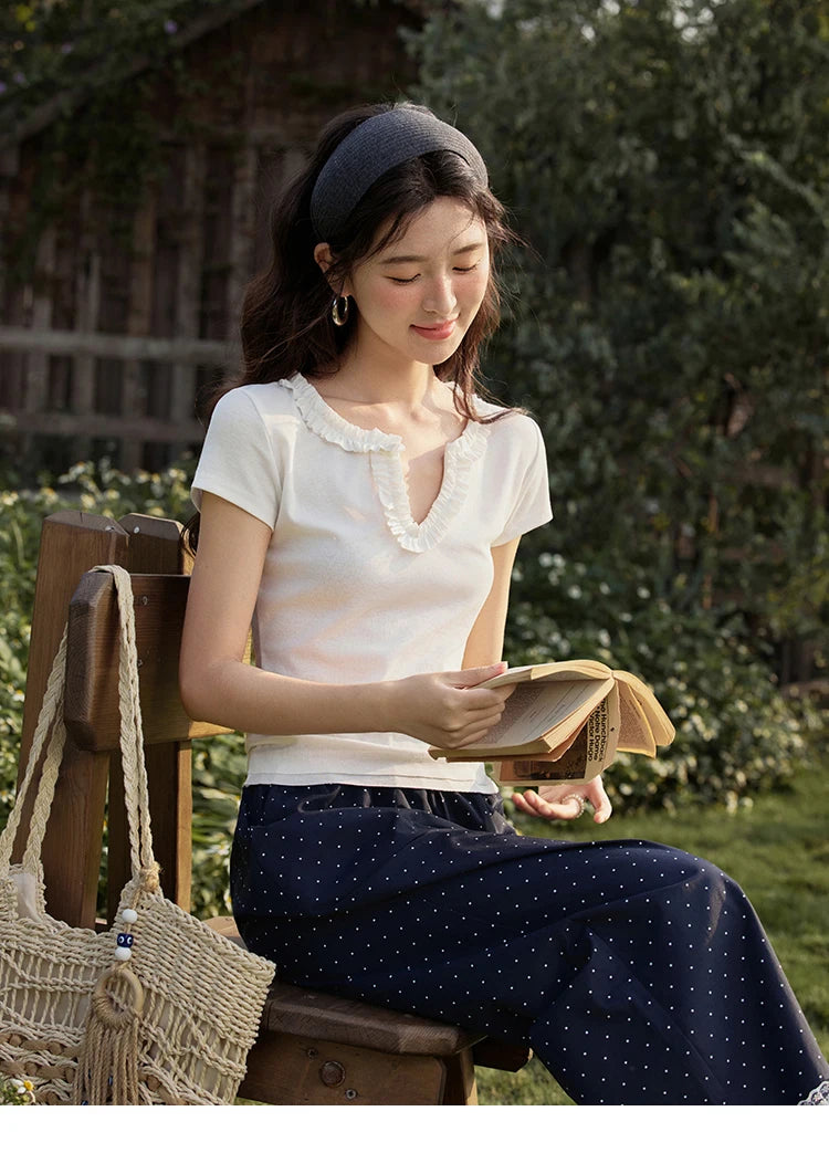 MISHOW Casual Summer T-shirts Women New 2025 Short Sleeve V-neck Solid Straight Shoulder Slimming Shirt Female Thin MXE35T0562