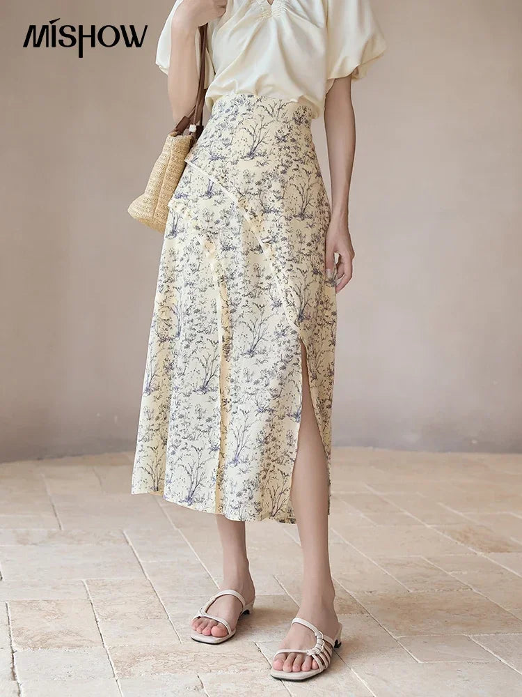 MISHOW Retro Floral Midi Skirt for Women Summer 2023 Side Split High Waist A-line Elegant Elastic Waist Long Skirts MXC37B0044