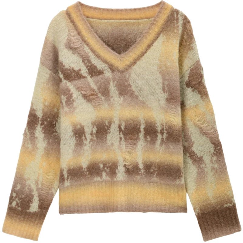 MISHOW Yellow Coffee Gradient Sweater Women 2025 Autumn Winter New V-neck Cable Knit Top Retro Commute Loose Sweater MXE51Z2627