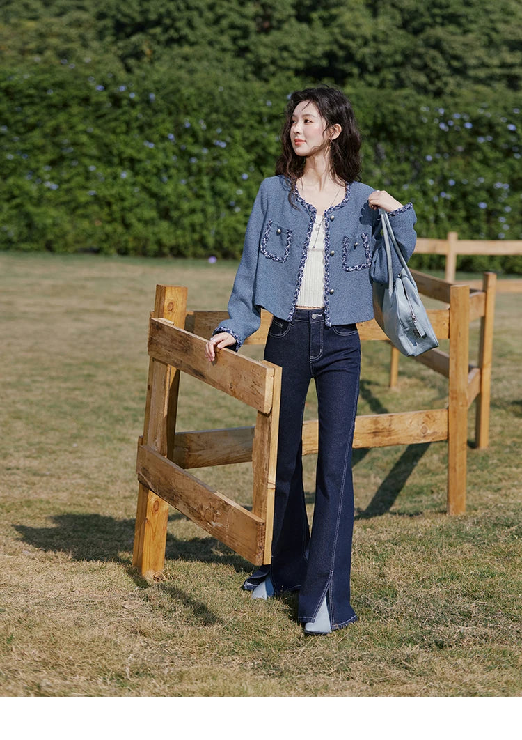 MISHOW Retro Fragrant Style Jacket for Women Spring 2025 Shoulder Pads Coarse Tweed Splicing Ribbon Blue Suit Coats MXE13W0705