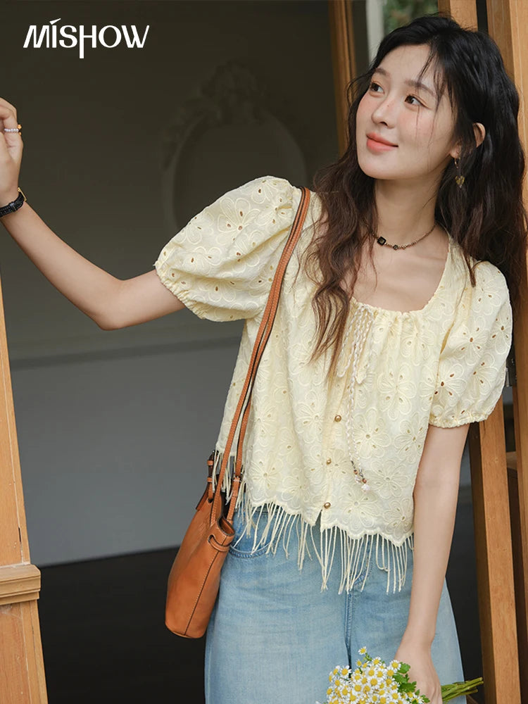 MISHOW Women's Fashion Hollow Out Blouse Summer 2025 Embroidery Puff Sleeve Square Collar Tassel Ladies Casual Top MXE37X1851