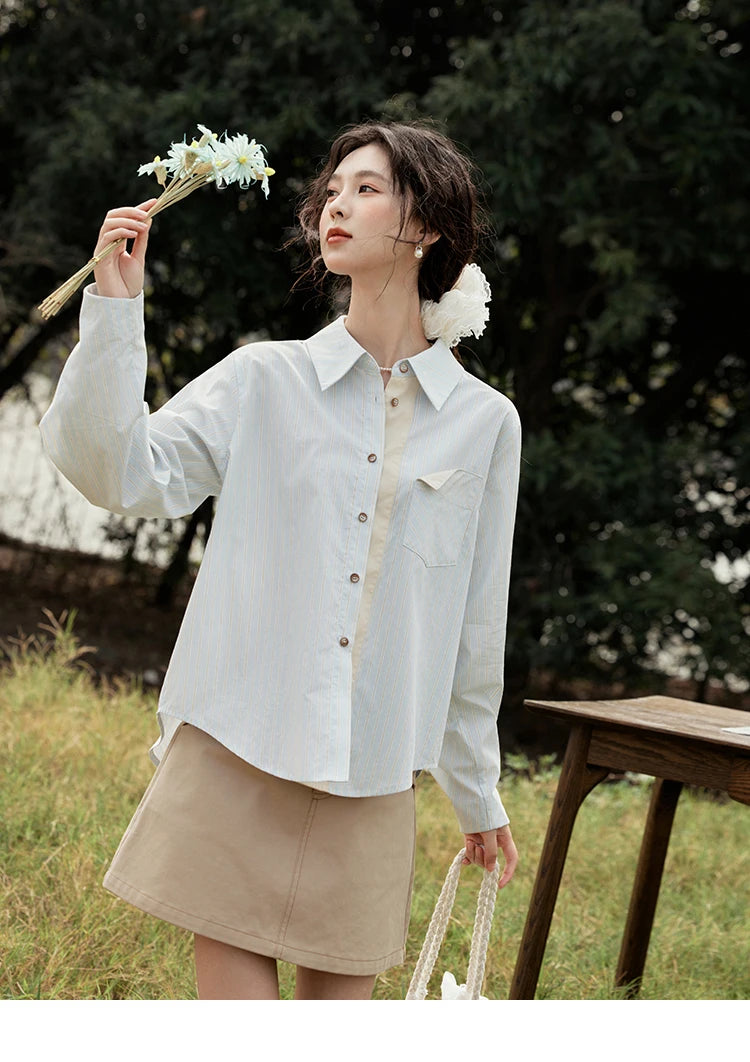MISHOW Light Blue Striped Shirt for Women Spring 2025 Contrast Color Placket Shirt 100 Cotton Polo Neck Commuting Top MXE15C0762