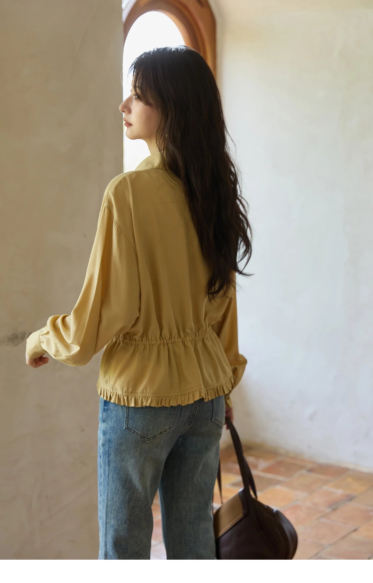 MISHOW Autumn French Drawstring Waist Shirt 2025 Yellow Hem Lotus Leaf Top Female Lapel Lantern Sleeve Commuter Shirt MXE42C2368