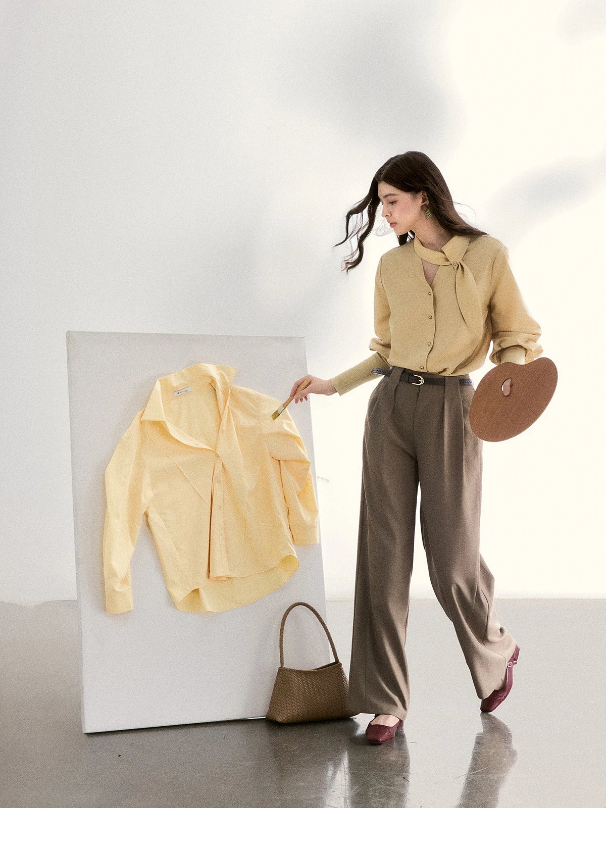 MISHOW Women's Tie Neck Shirts Spring Hollow-out Knitted Patchwork Puff Sleeve Tops Casual Elegant Shirt Office Lady MXF108C0812