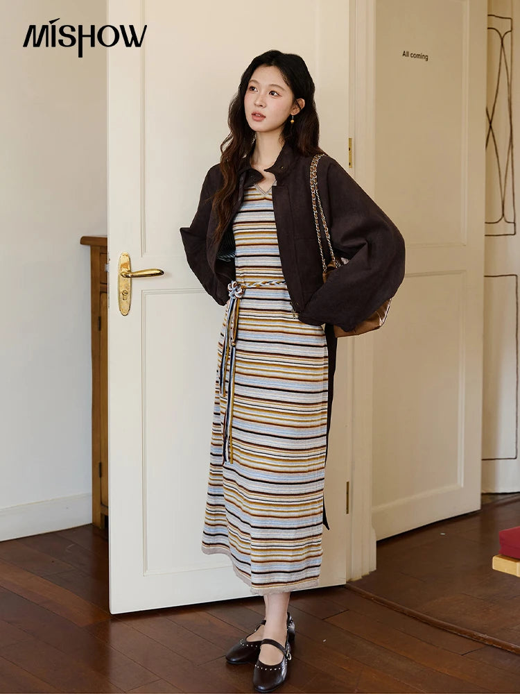 MISHOW Women's Striped V-neck Dress Autumn 2025 Loose Sleeveless Core Spun Yarn Dresses Tied Waist Casual Long Dress MXE46L2521