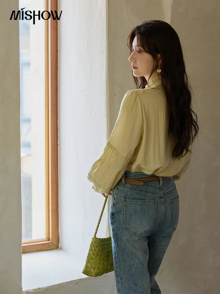 MISHOW Light Yellow Linen Solid Shirt 2025 Autumn Splicing Lace Hollow Sleeves Shirts Stand Collar Top Office Lady MXE42X1976