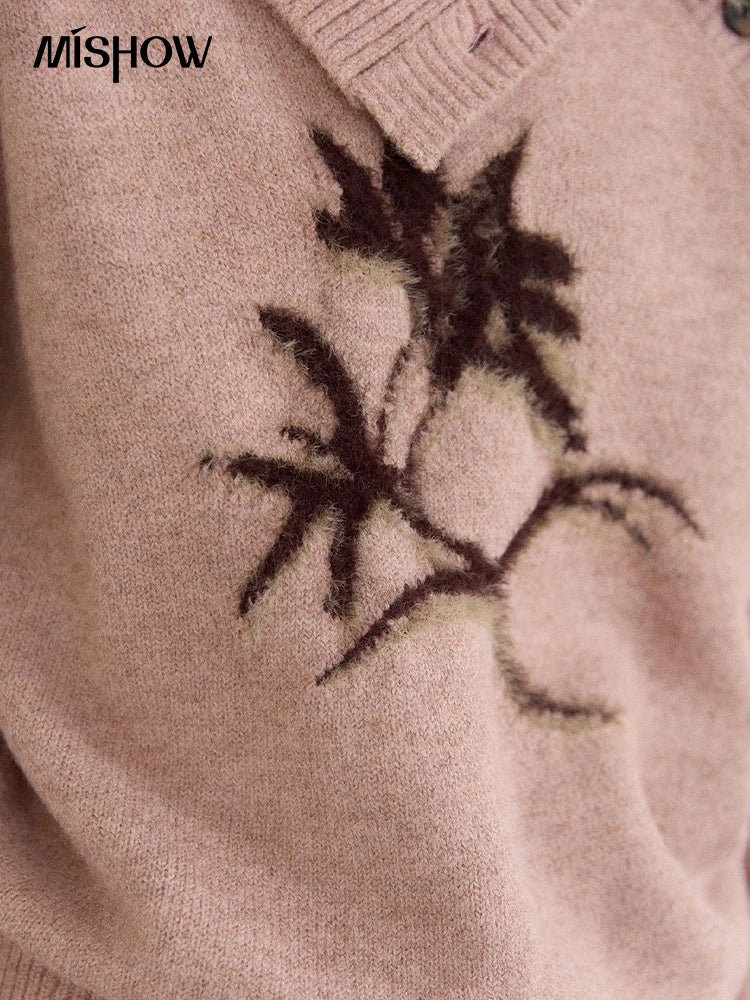 MISHOW Plant Jacquard Sweater for Woman 2025 Winter French Style Casual Turtleneck Design Knitted Pullover Tops Woman MXE86Z2658