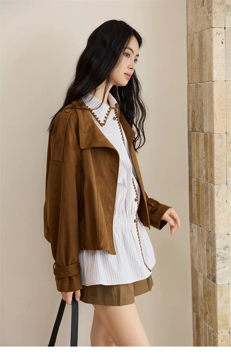 MISHOW Vintage Suede Short Jacket Brown Lapel Zipper MXE45W0869