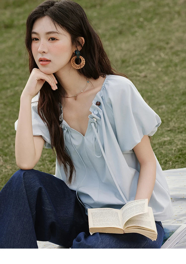 MISHOW Solid French Summer Blouses Woman 2025 New Short Puff Sleeve V-neck Beaded Retro Shirts Women Fashion Tops MXE33X1757