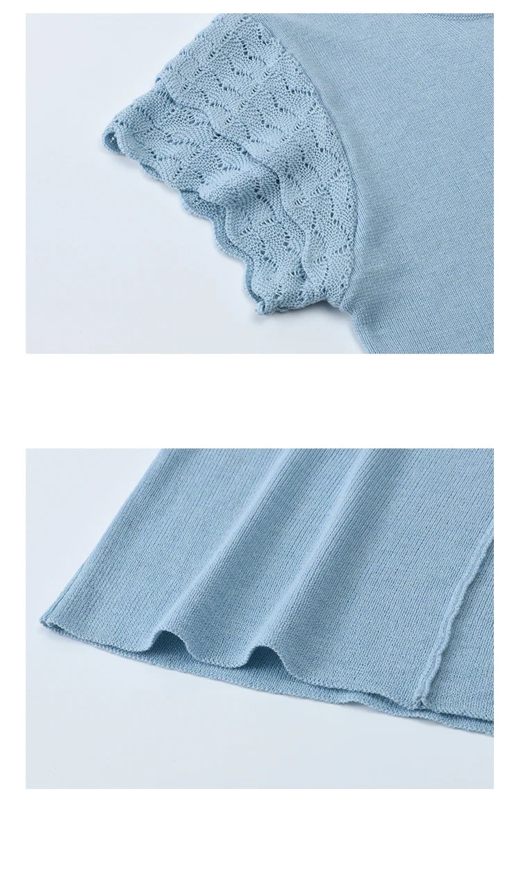 MISHOW Sheep Wool Knitted T-shirt for Women 2025 Summer New Button O-Neck Short Sleeve Blue Top Female Clothing MXE34Z1262