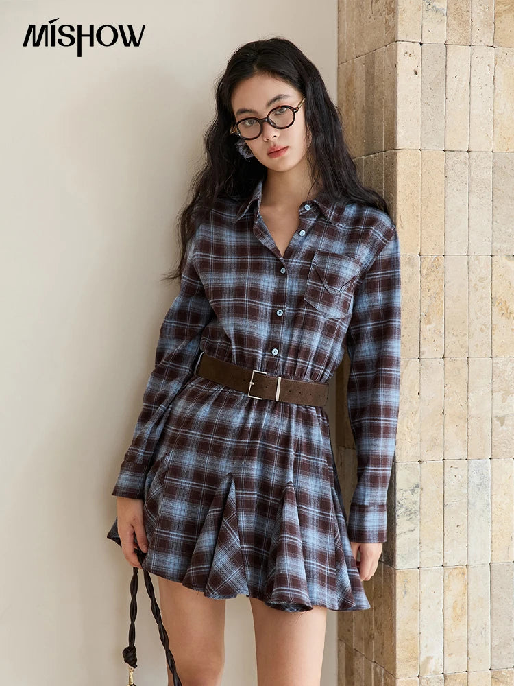 MISHOW Women's Blue Plaid Short Dress 2025 Autumn Retro Turn-down Collar Waist-Cinched Long Sleeve Dress with Belt MXE48L2525
