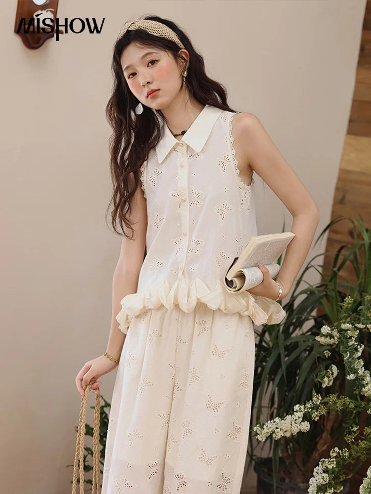 MISHOW 100 Cotton Butterfly Hollow Lace Lapel Shirt for Women Single Breasted Elegant Breathable Shirts with Tube Top MXE34X1808