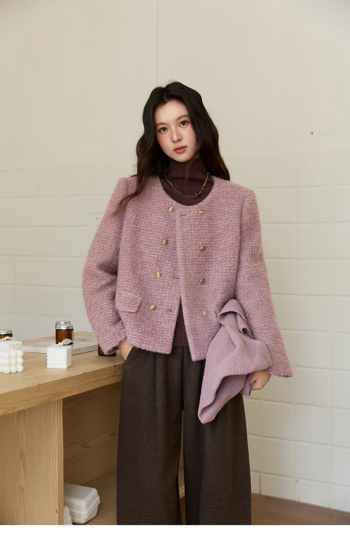 MISHOW Wool Coat Woman 2025 Purple Luxury O-neck Double-breasted Tweed Coat Commute Short Jacket Winter Clothes MXE88W0881