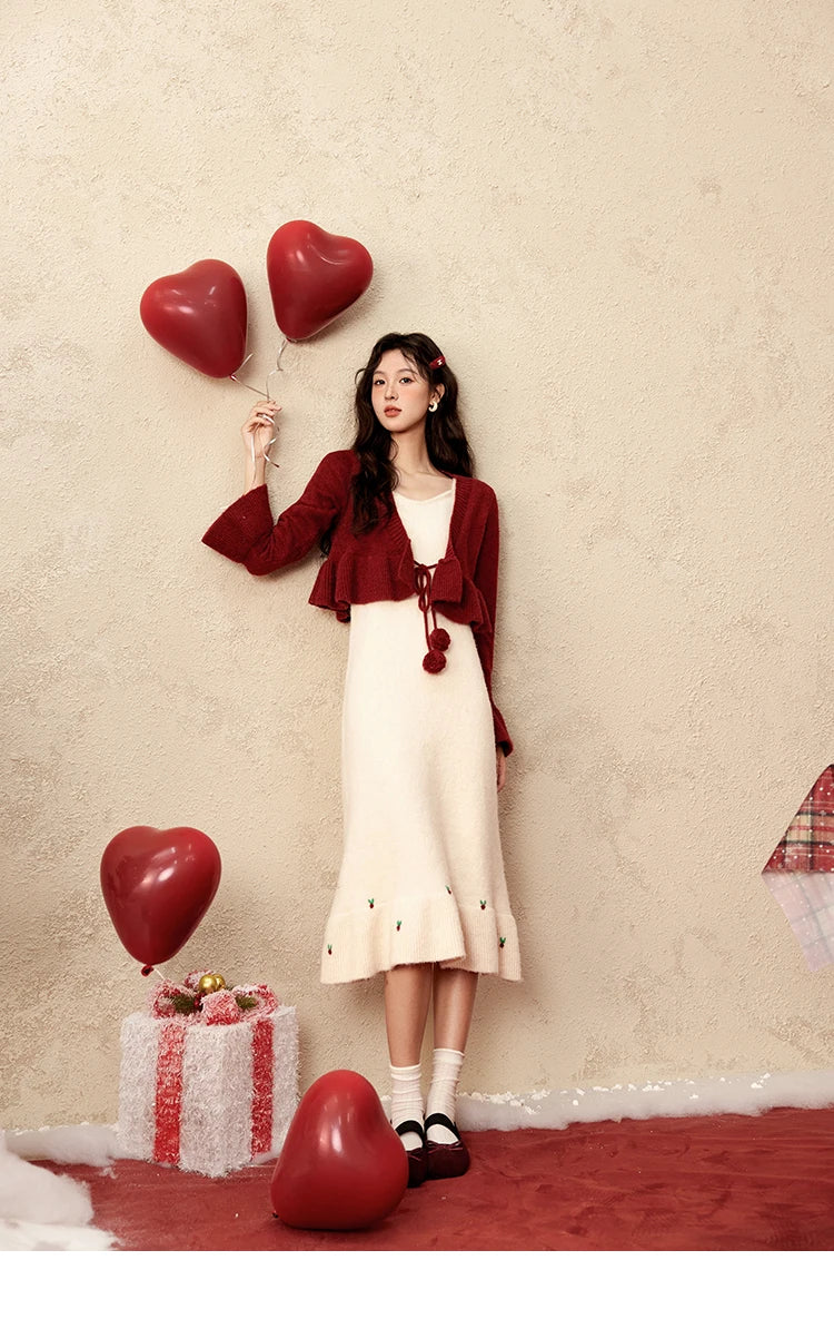 MISHOW Christmas New Year Ruffle Strap Dress Pom-Pom Lace-up Knitted Cardigan Sepertely 2024 Hem Fish Tail Dresses MXD59L2133