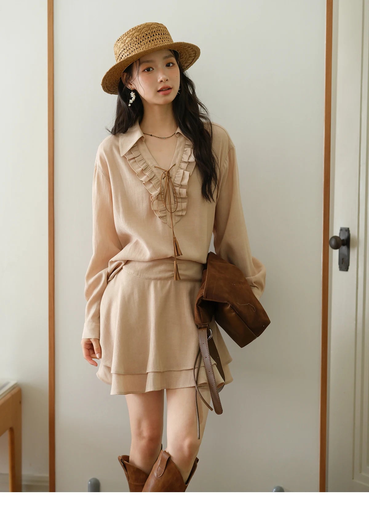 MISHOW Women's Bohemian Skirt Set Autumn Lyocell Blend V Neck Ruffle Suede Tassels Tie Top Back Elastic Waist Skirt MXE43T0727