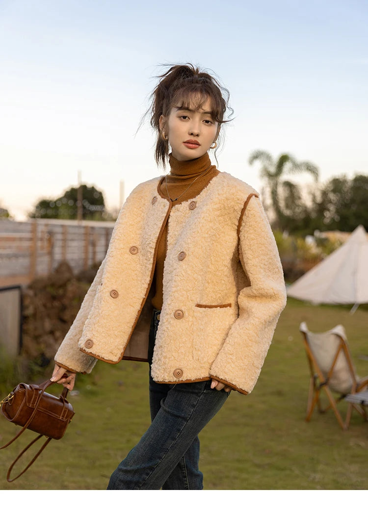 MISHOW Lamb Wool Coat 2023 Double Breasted Winter French Lambswool Jacket Women's Thick Warm Solid New Outerwears MXB45W0850