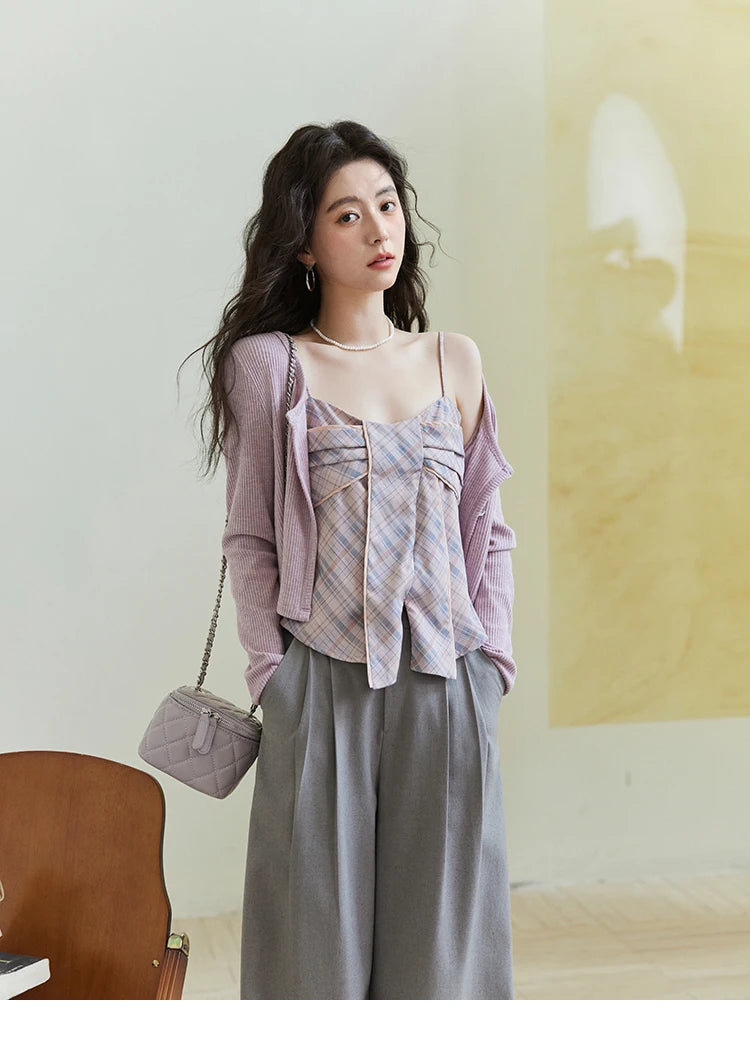 MISHOW Women's Plaid Camisole 2025 Spring Contrasting Retro Bowknot V-neck Waist Slim Top Back Elasticity Sweet Tanks MXE11D0046