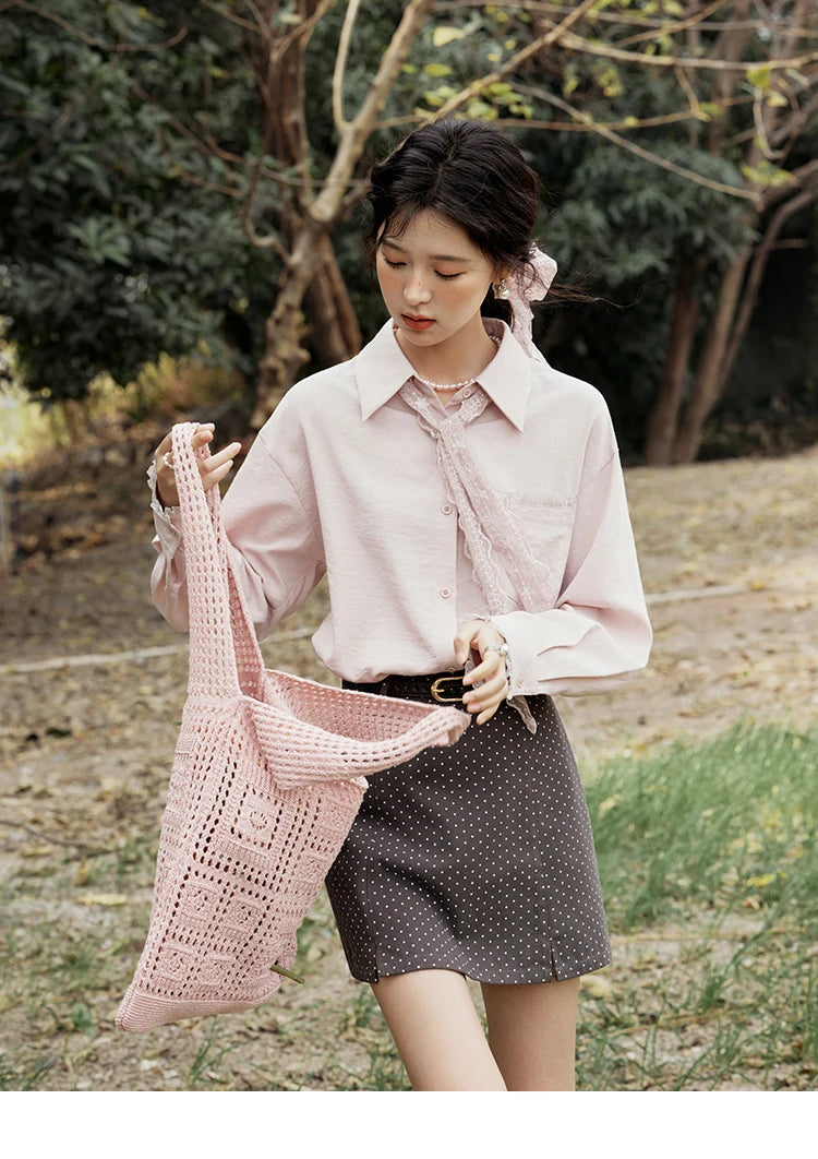 MISHOW French Spring Blouses Women 2025 New Long Sleeve Turn-down Collar Loose Shirts Female Fashion Lace Casual Tops MXE16C0760