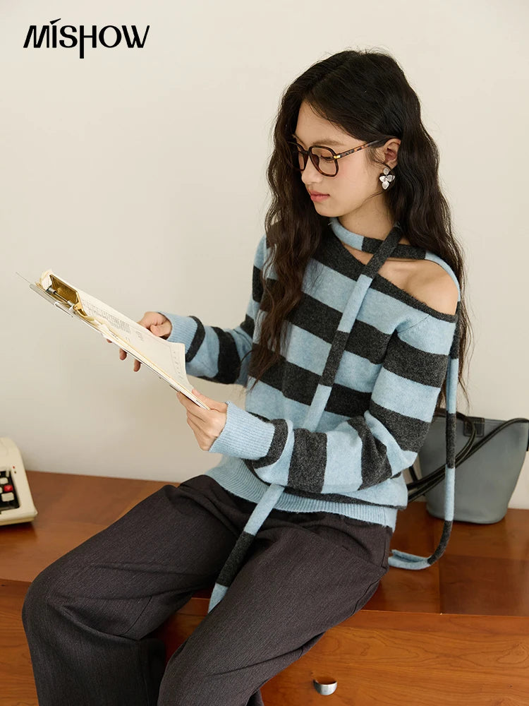 MISHOW Blue Gray Stripe Knitted Top 2025 Autumn Slanted Shoulder Collar Sweaters with Ribbon Loose Wool Blend Sweater MXE46Z2540