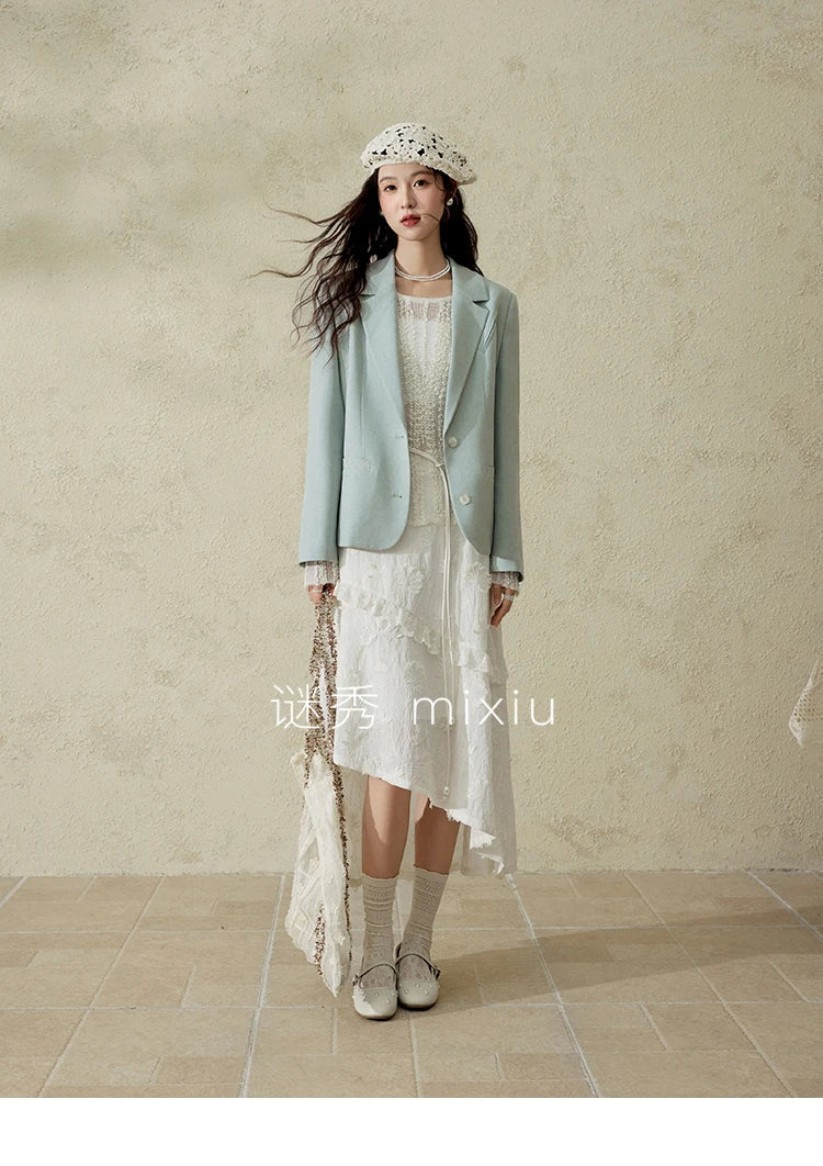 MISHOW Women 's Apricot White Hollow Knitted Sweater Spring 2025 Mohair Cover Drop Sleeve Top Strapless Slim Tube Top MXE12Z1120