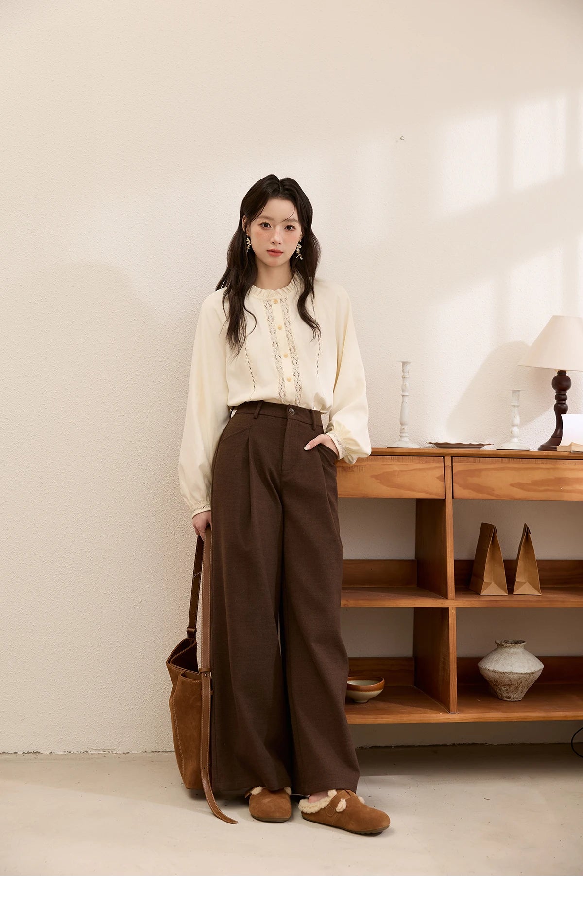 MISHOW Brown Wide-leg Pants for Women 2025 Autumn Winter New Retro High Waist Drape Trousers Commute Casual Pants MXE51K1094
