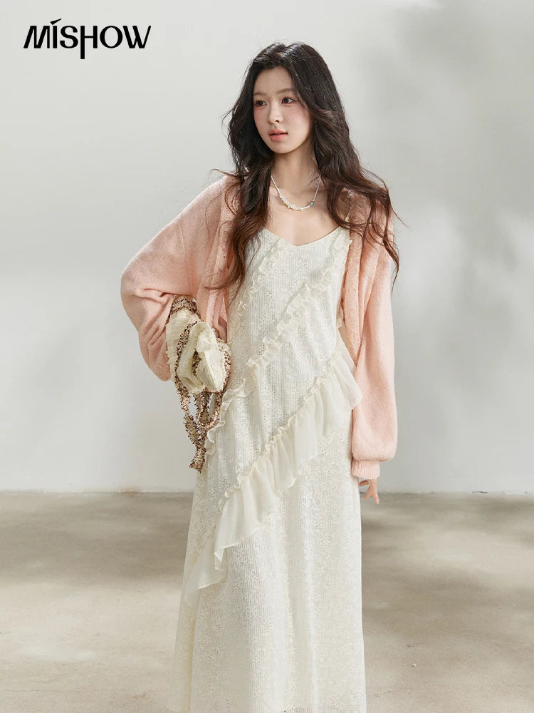 MISHOW Women's Cream Irregular Lace Slip Dress 2026 Spring V-Neck Ruffled Maxi Dresses Casual A-line Romantic Dress MXF108L1005