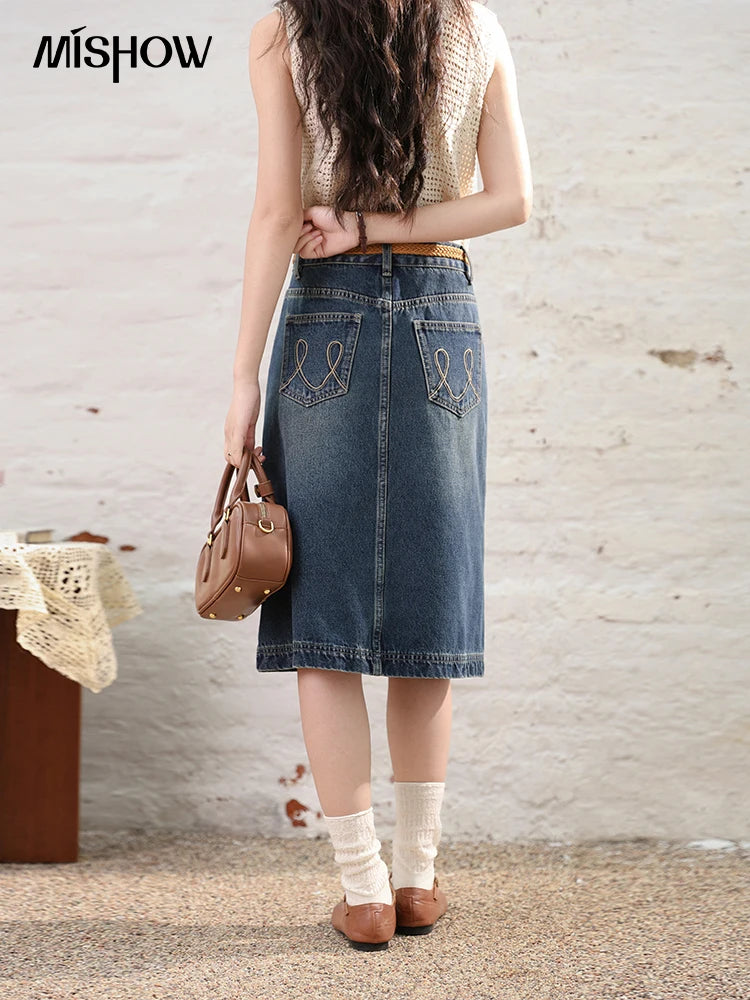 MISHOW Denim Fishtail Skirt 2024 Summer Retro Casual Love Embroidered Pockets Skirt A-line Umbrella Knee-Length Skirt MXD28B0414