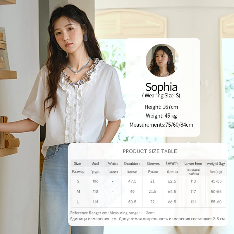 MISHOW Fashion V-neck Shirt for Women Summer 2025 Thin Short Sleeve Patchwork Double Layer Fungus Edge Button Top MXE35X1793