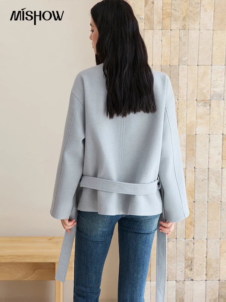 MISHOW Blue Woolen Coat Women 2025 Winter New Double-breasted Lace Up Coat Mid-length Windbreaker Women's Clothing MXE51W0872