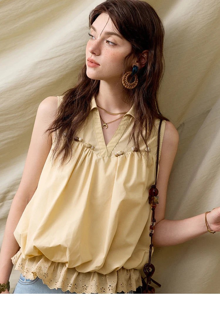 MISHOW Office Lady New Blouse Women Summer New Sleeveless Turn-down Collar Hollow Lace Shirts Female Slimming Fashion MXE31X1760