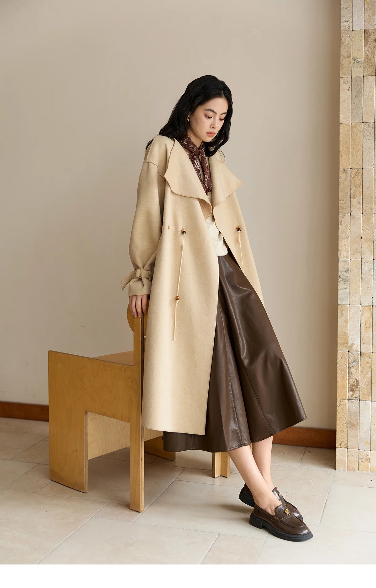 MISHOW Woolen Coat for Women 2025 Autumn Winter New Style Drawstring Waist Large Lapel Mid-length Commuter Loose Coat MXE45W0841