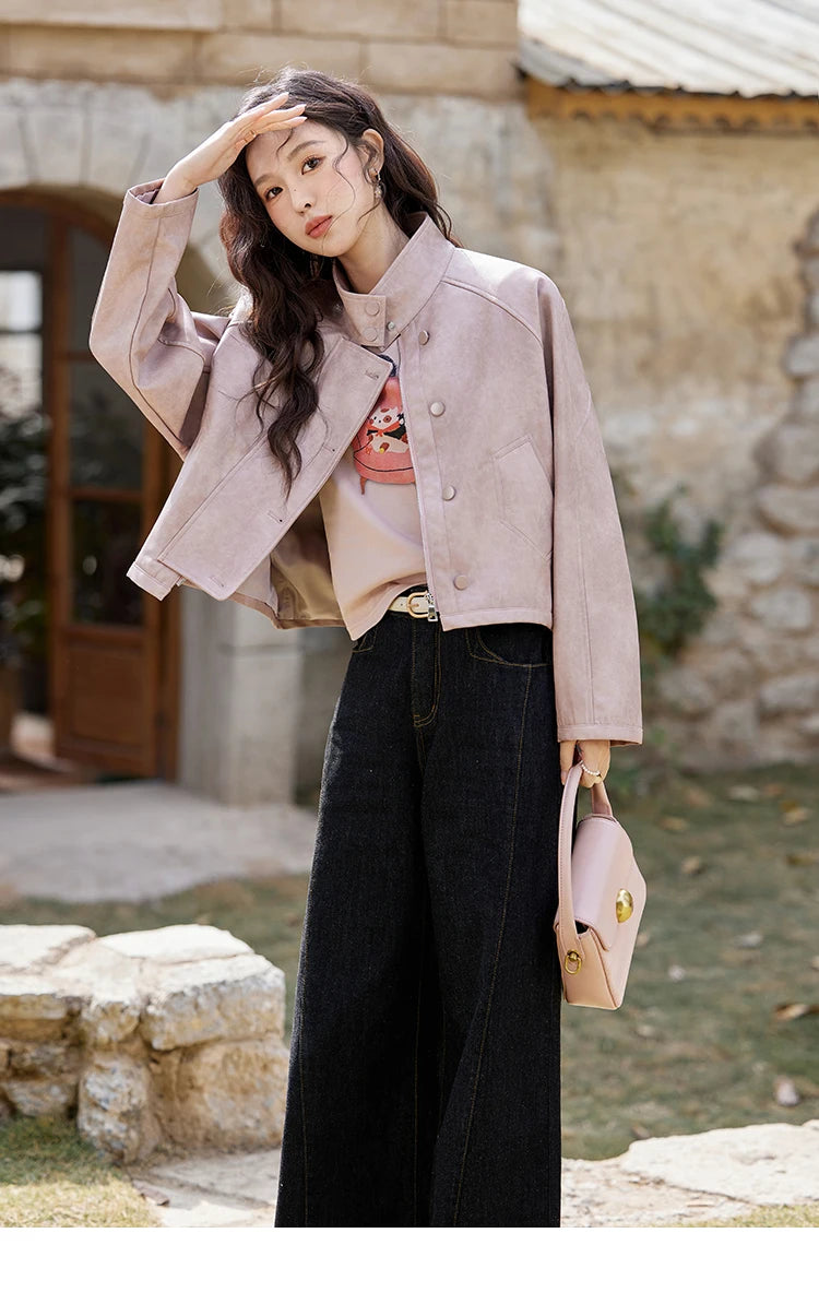 MISHOW Sweet Cool Blended Pink Purple Leather Coat Spring 2025 Stand Collar Motorcycle Style Jackets PU Leather Coats MXE13W0707