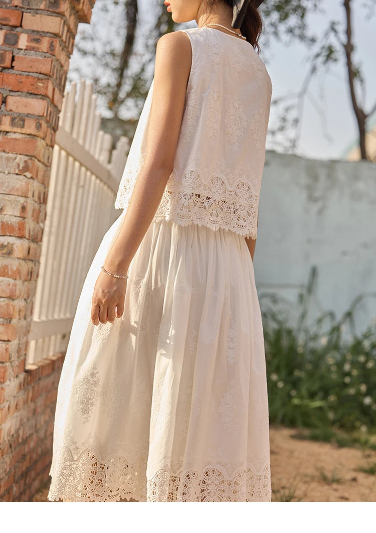 MISHOW 2 Pieces Set Woman Embroidery V-neck Hollow Lace Up Sleeveless Top Summer 2025 Slim Elastic Waist Skirt Set MXE33T0593