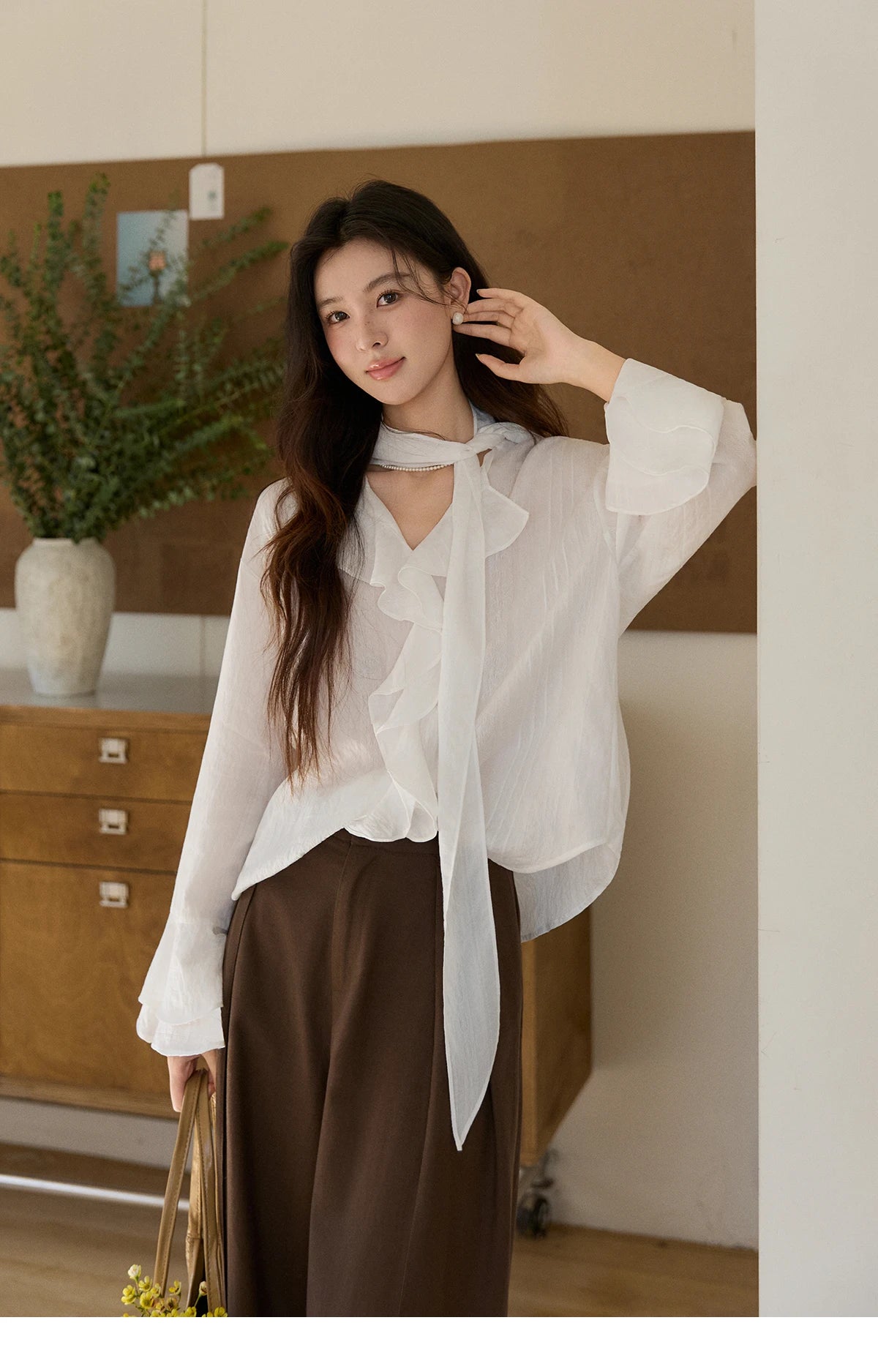 MISHOW Women's Ruffle Trim Chiffon Blouse with Detachable Scarf 2026 Spring Long Sleeve Loose Fit Casual White Top MXF108X0999