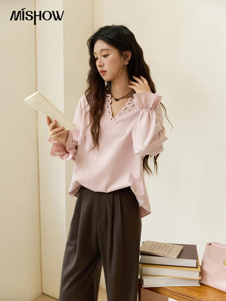 MISHOW Women's Elegant Blouse 2025 Autumn French Style Hollow Out V Neck Pink Blouse Loose Commute Long Sleeves Top MXE48X2502