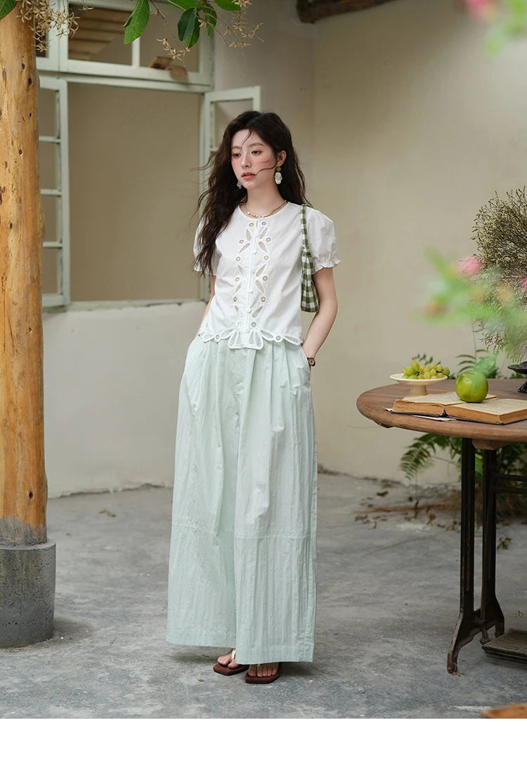 MISHOW 100%Cotton Hollow Embroidery Round Neck Shirt for Women 2025 Summer Puff Sleeve Casual Top Women's Clothing MXE39X1938