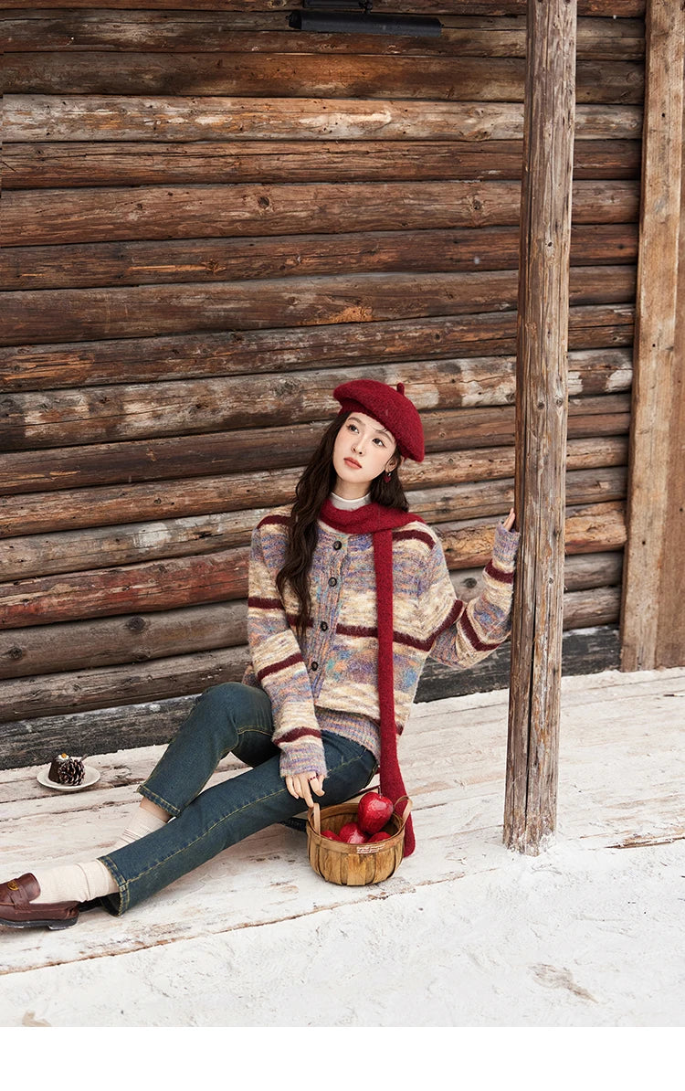 MISHOW Striped Sweaters Short Contrast Color Loose Casual O-Neck Single Breasted Tops Soft Warm Knitted Cardigans MXD59Z1061