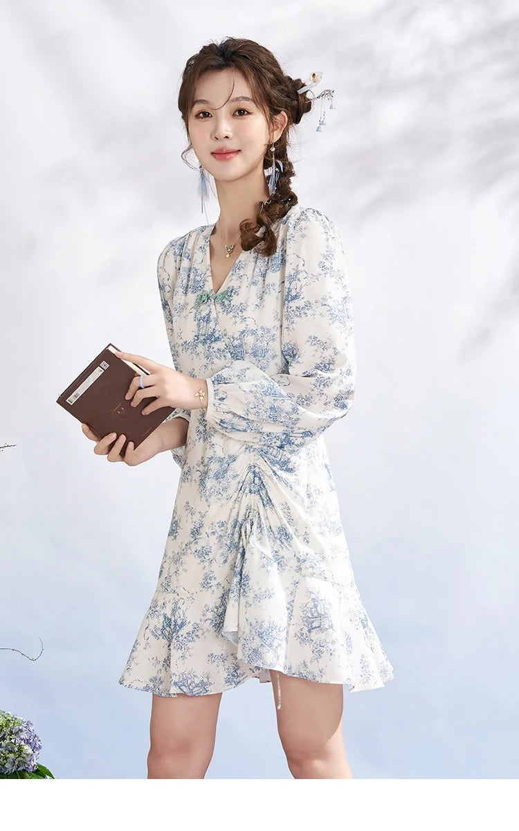 MISHOW French V-neck Chiffon Dress 2025 Spring Slim Blue and White Porcelain Printing Temperament Floral Dresses MXD15L1673